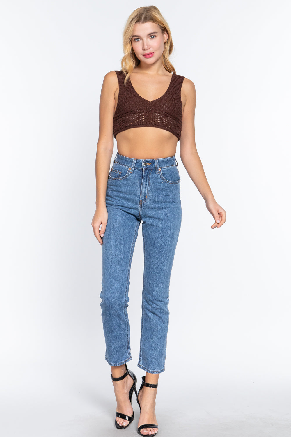 Women's Textured Crop Sweater Tank Top in Chocolate