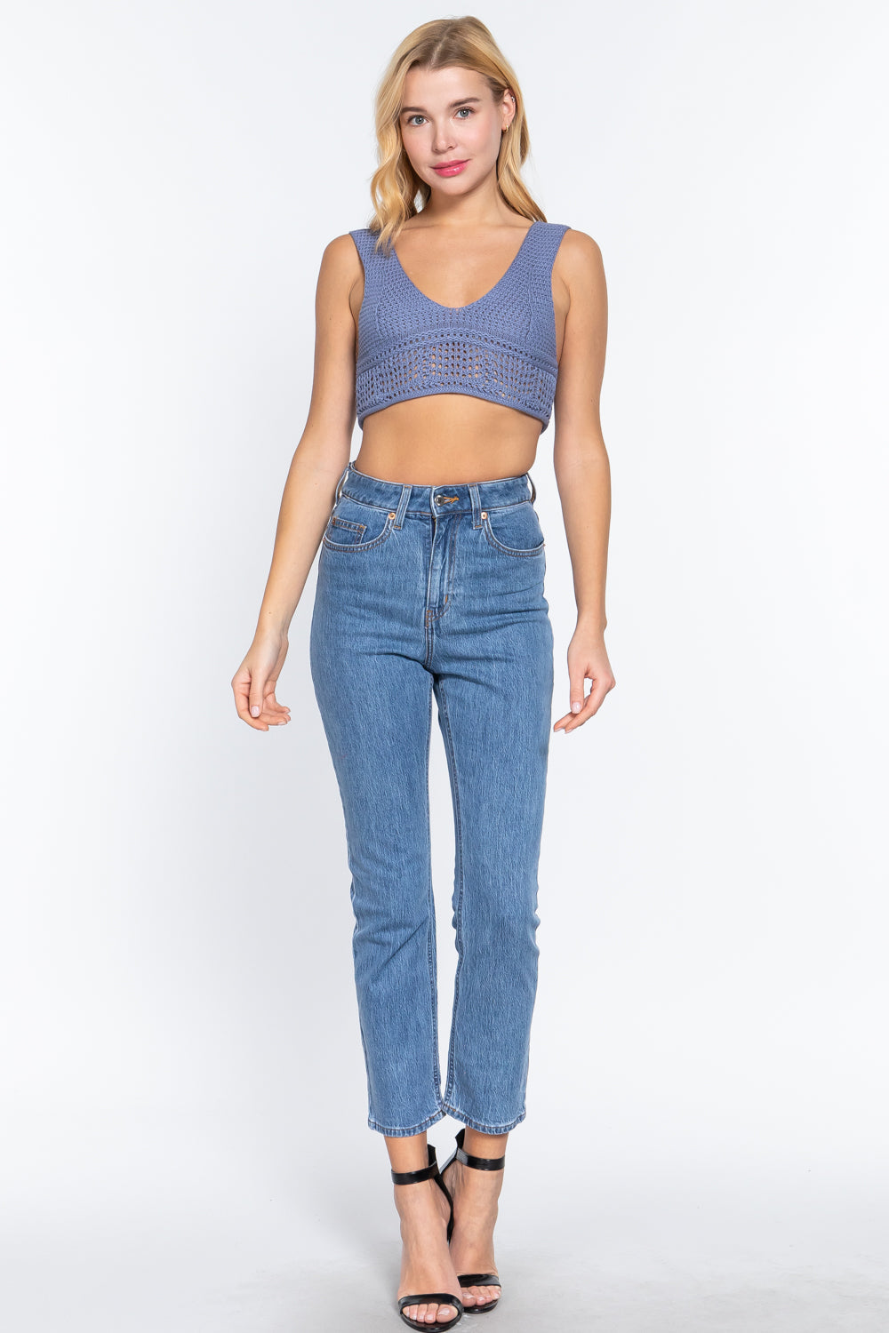 Women's Textured Crop Sweater Tank Top in Mid Blue