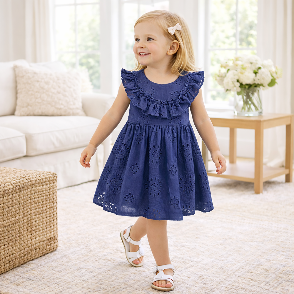 Girls' Eyelet Ruffle Dress - Cotton Blue Embroidered Tesa Babe