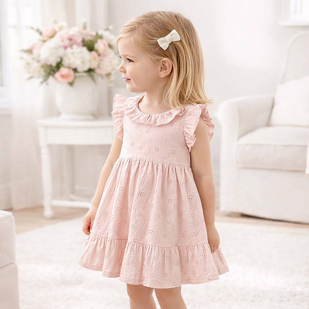 Eyelet Girl's Cotton Dress for Special Occasions - Pink Tesa Babe