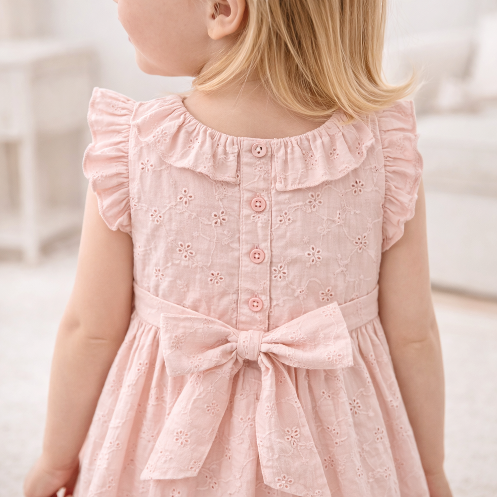 Eyelet Girl's Cotton Dress for Special Occasions - Pink Tesa Babe