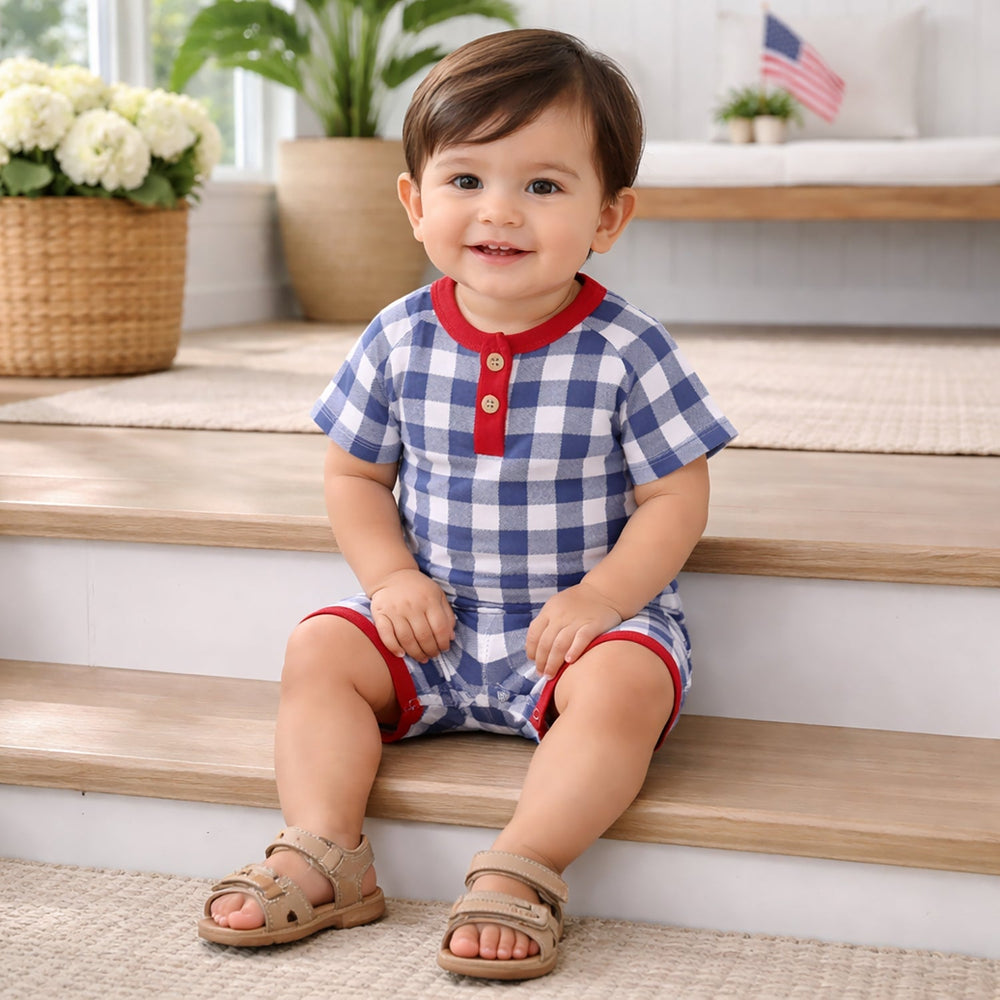 Picnic Plaid Bamboo Henley Shortall Romper for Baby Boys Tesa Babe