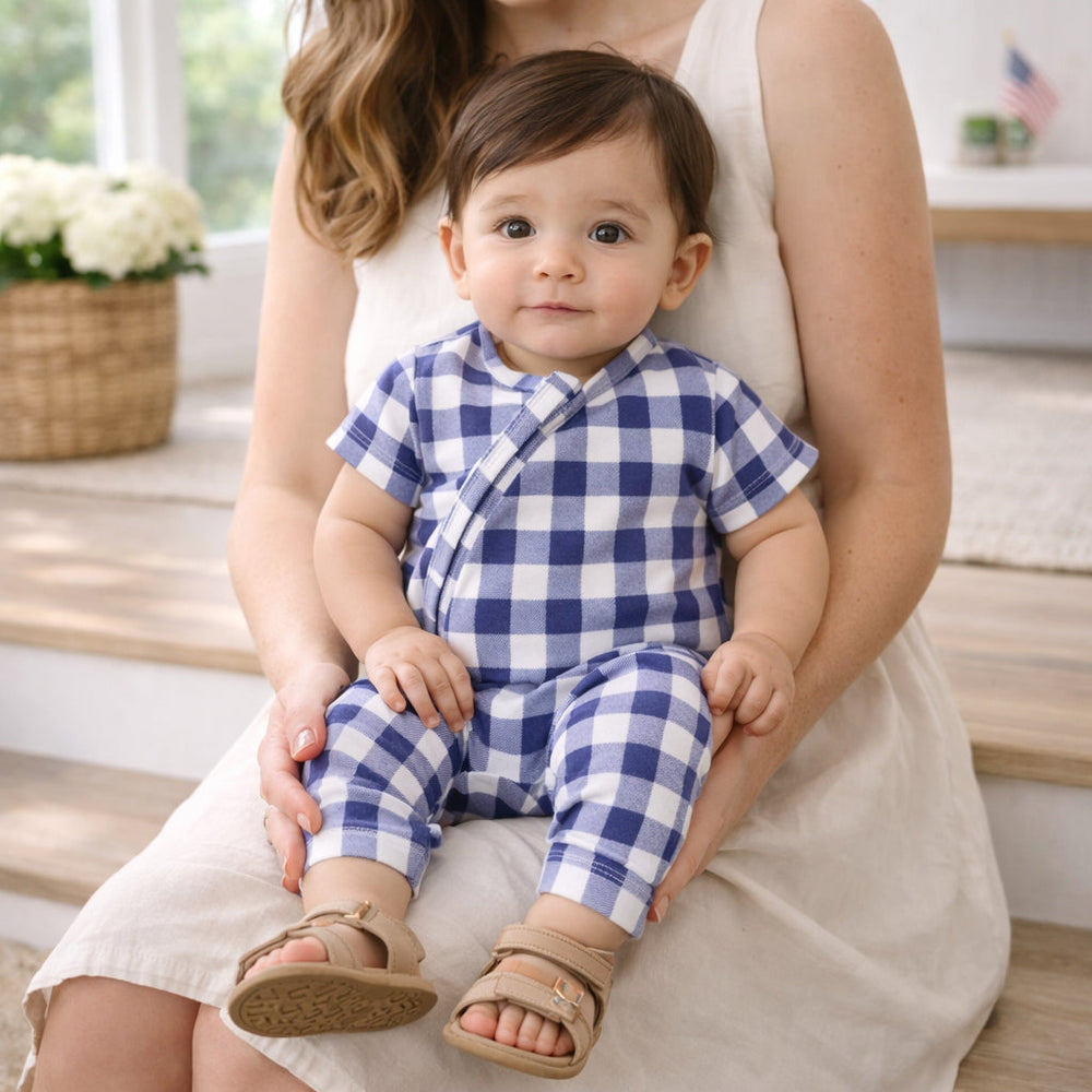 Picnic Plaid Bamboo Baby Zipper Romper w/Convertible Cuffs Tesa Babe