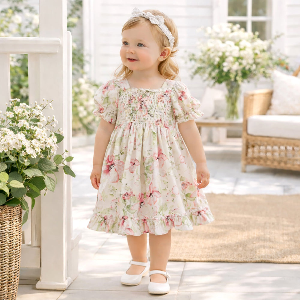 Blush Bouquet Smocked Bodice Puff Sleeve Dress Tesa Babe