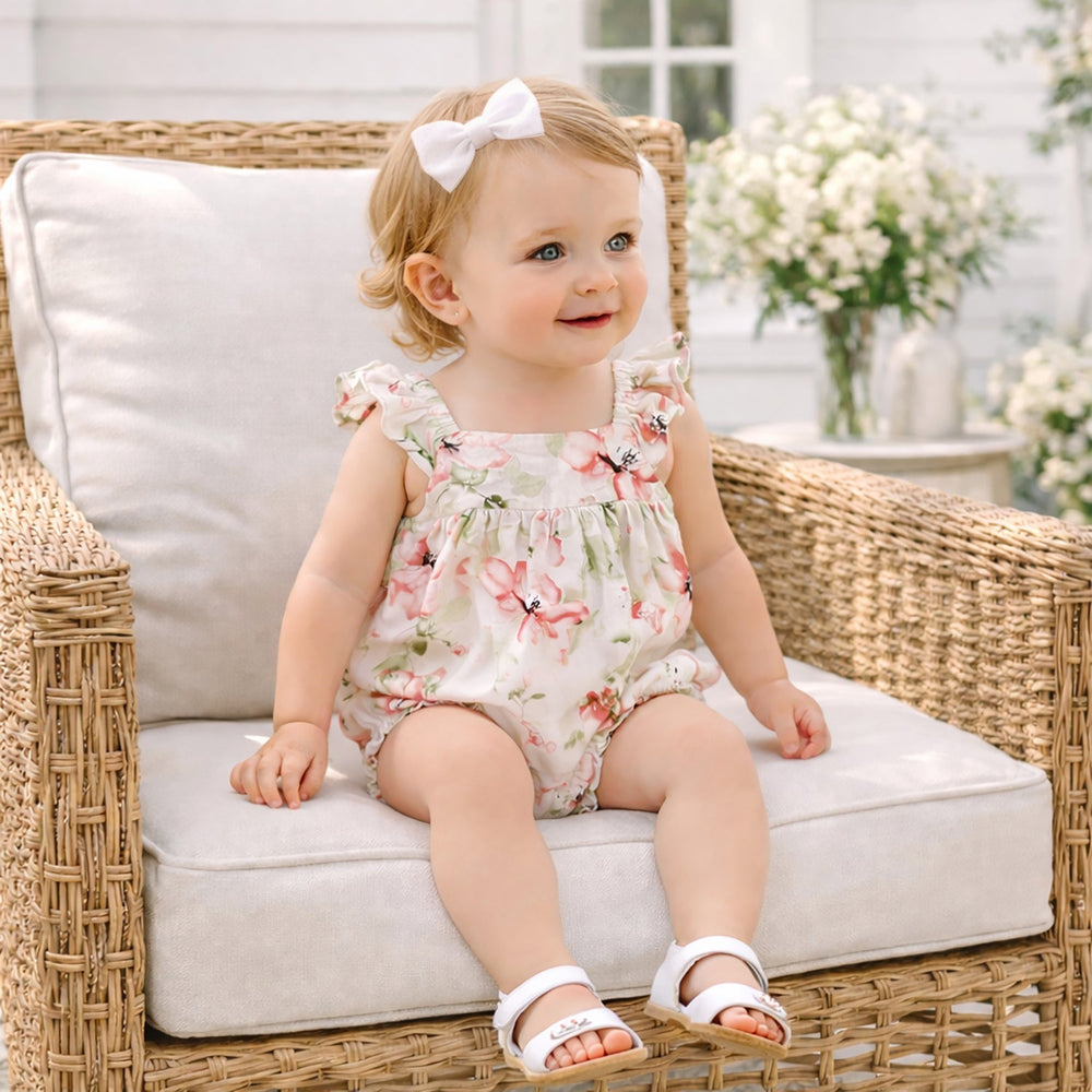 Blush Bouquet Baby Girl Floral Cotton Linen Sunsuit Tesa Babe