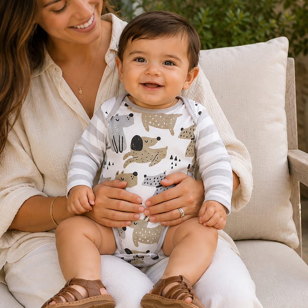 Puppy Dog Print Baby Bodysuit – Cotton Stripe Sleeve Tesa Babe