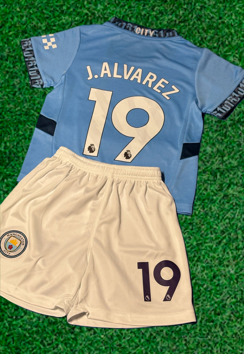 J Alvarez 19 Kids Soccer Jersey Man City Home Kids Youth & Toddler Jersey Kit CustomKiddos.com