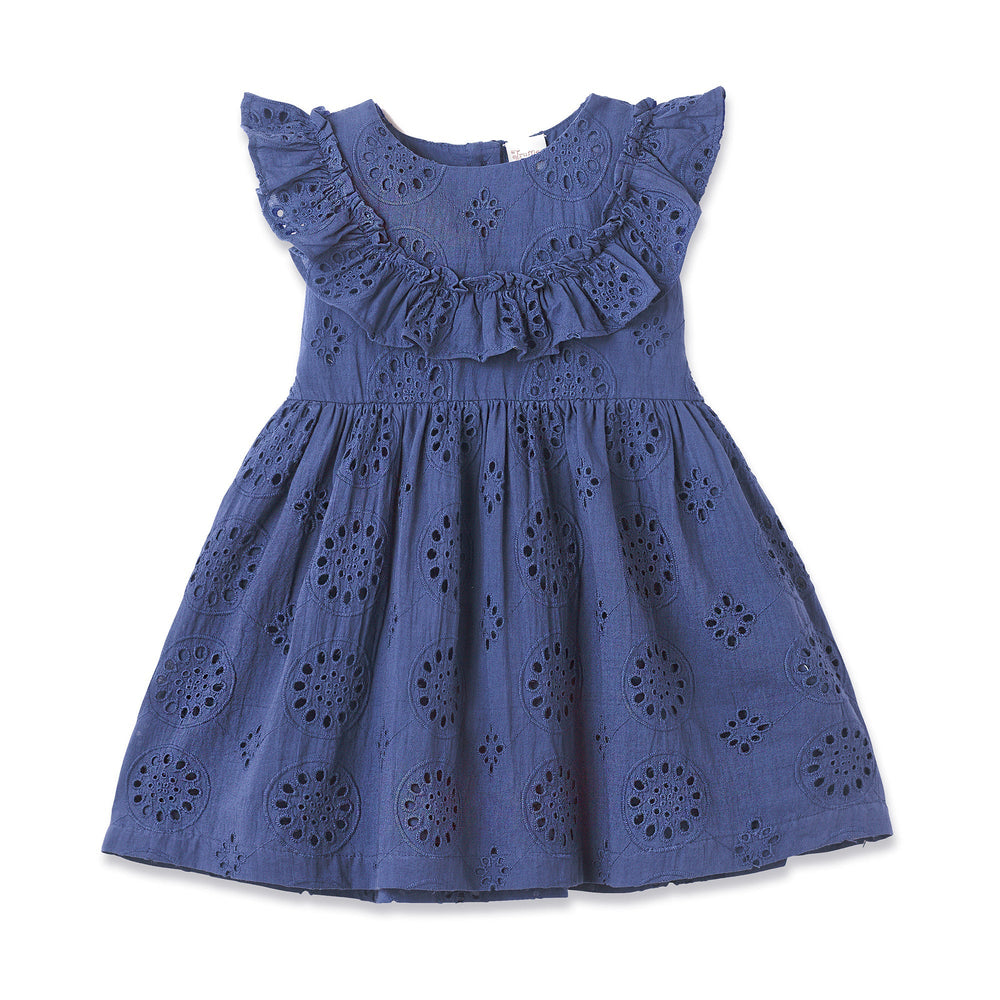 Girls' Eyelet Ruffle Dress - Cotton Blue Embroidered Tesa Babe