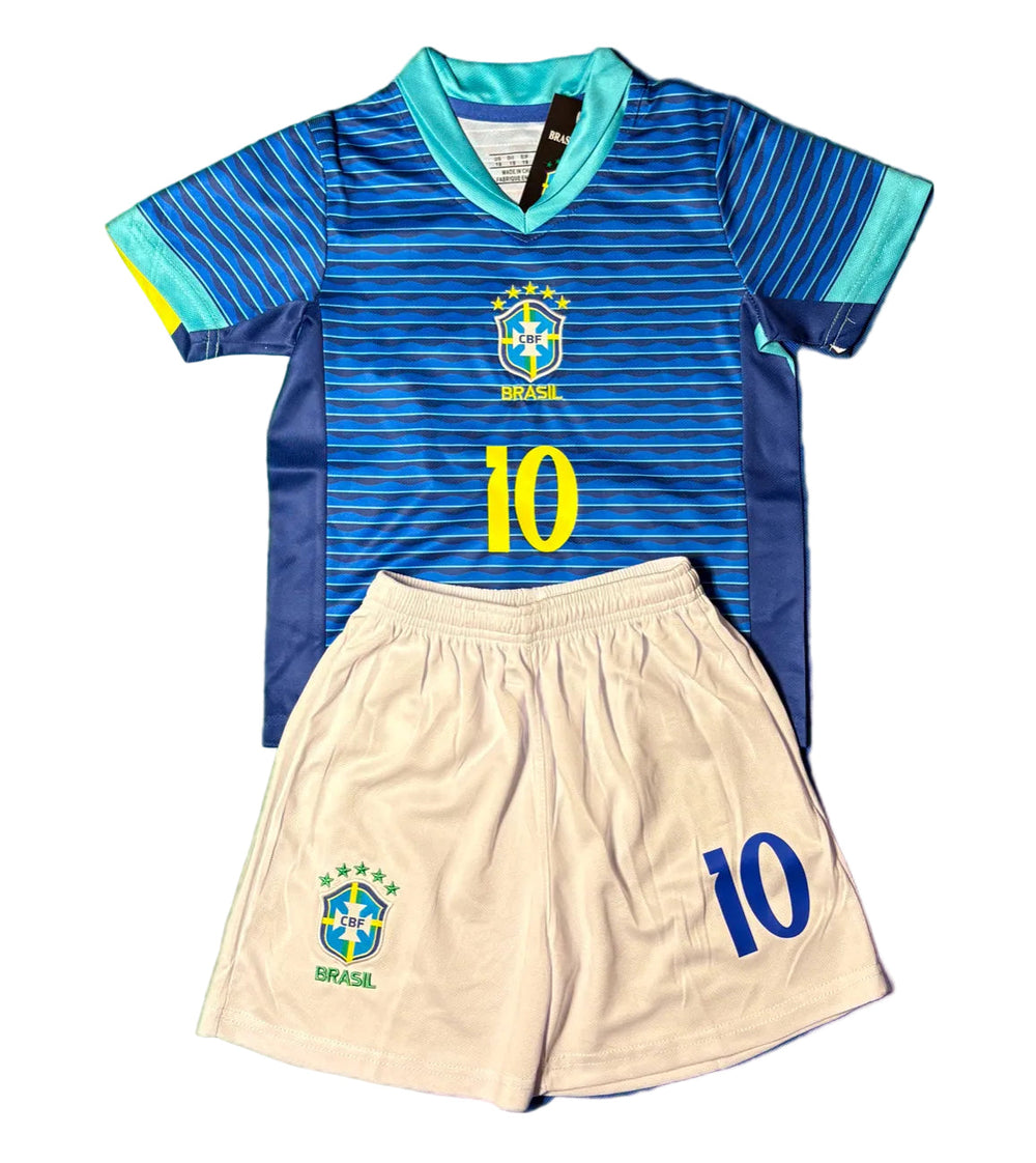 Neymar Jr Blue Brazil Away Jersey Kids Soccer Jersey Set Youth & Toddler Sizes CustomKiddos.com