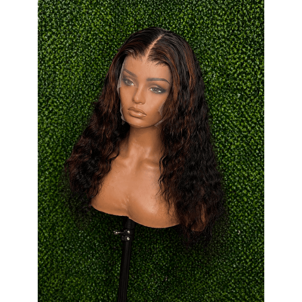 KB Deep Wave 13x4 HD Lace Front Wig – 22” Human Hair with Brown Highlights | Pre-Plucked