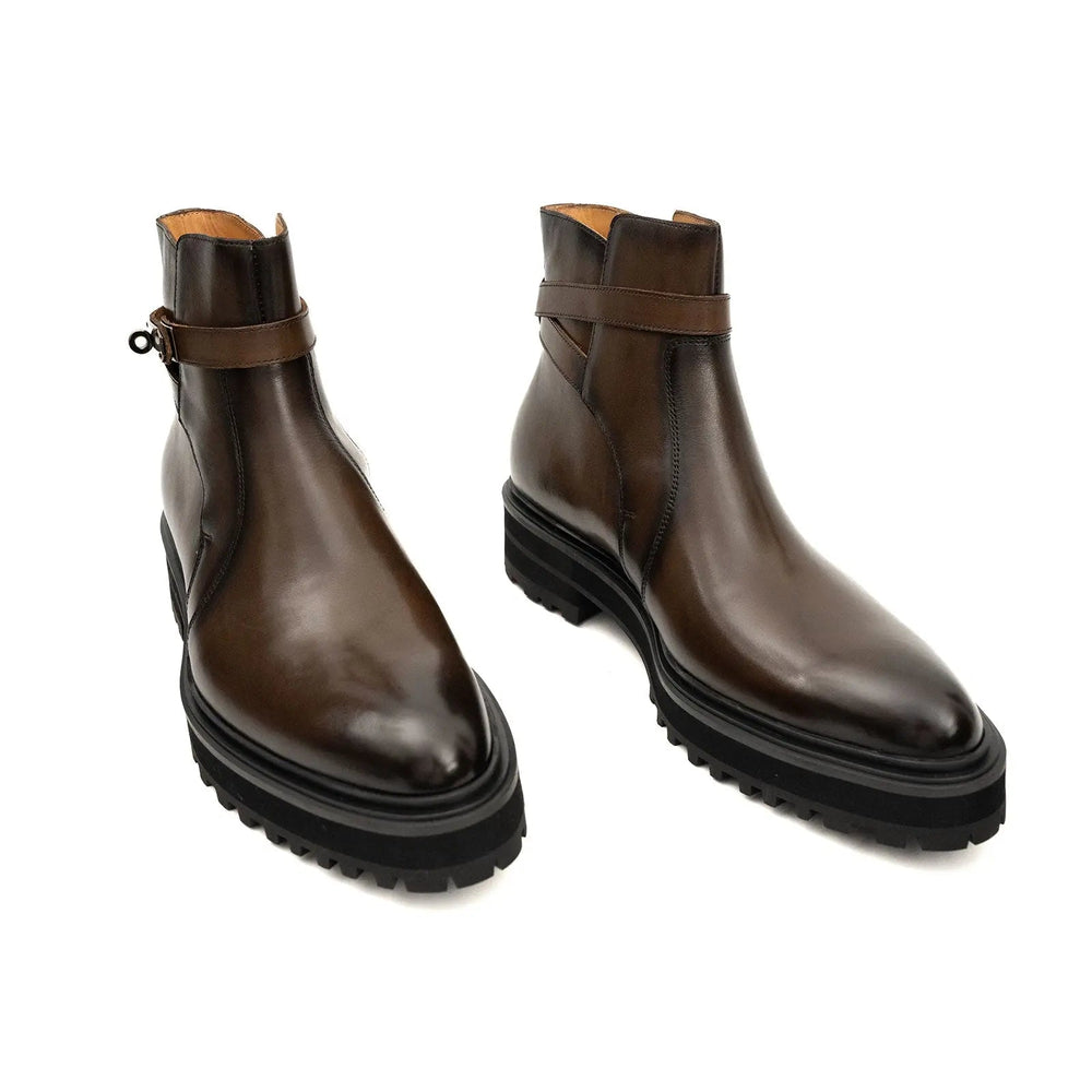 Men's Coffee Calfskin Buckle Chelsea Boots