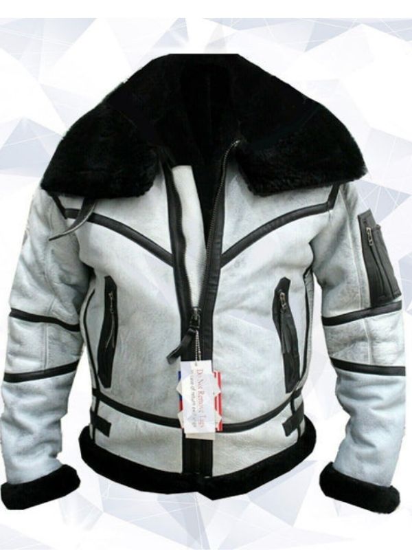 Mens WW RAF B3 Flying Fur Bomber Aviator Black Shearling Sheepskin White Leather Jacket