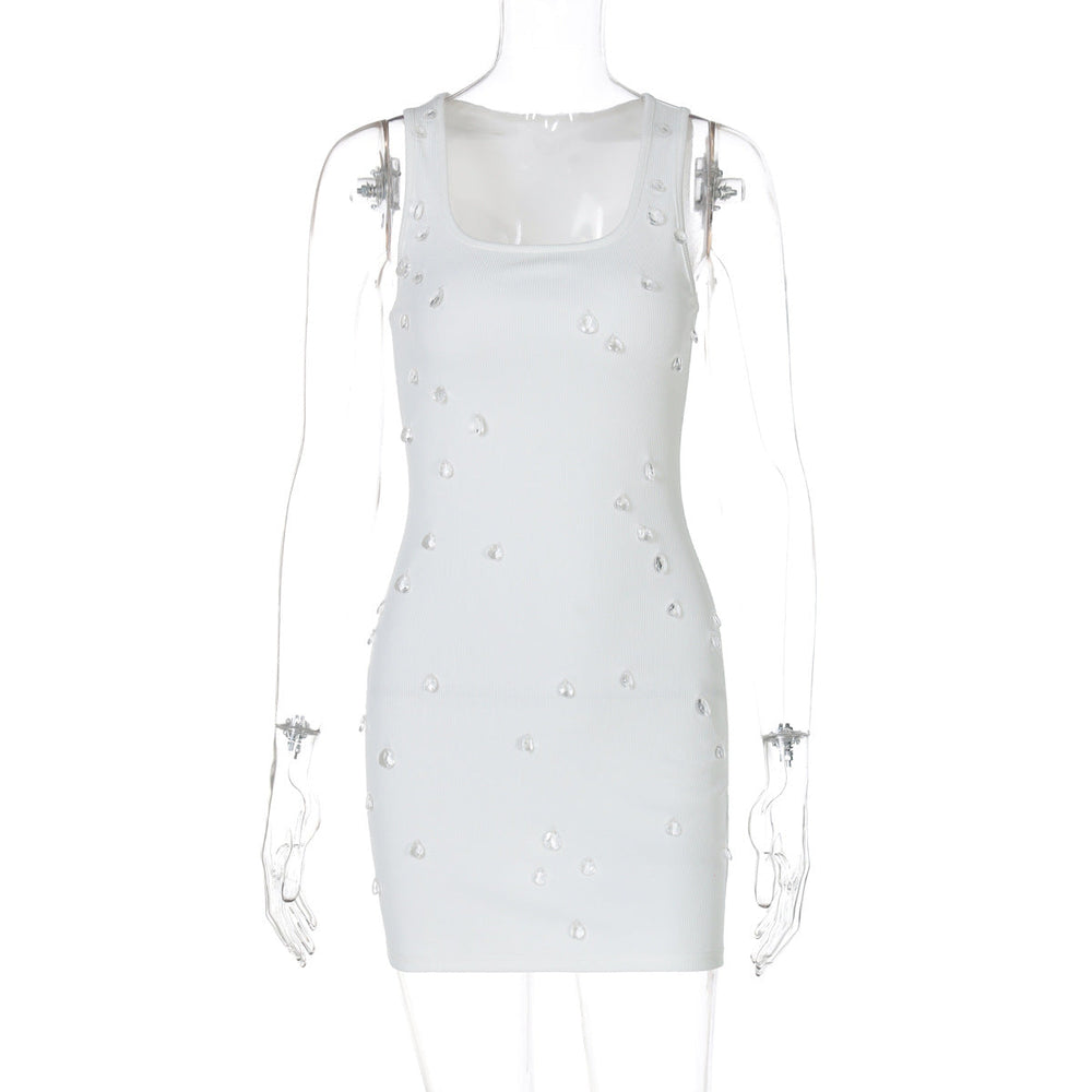 Women Clothing Summer Personality Slim Fit Slimming Beaded Sleeveless Sheath Dress