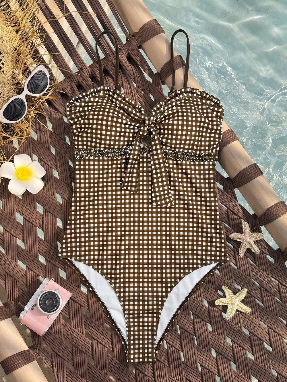 Bikini Tube Top Detachable Shoulder Strap Two Piece One Piece Plaid Printed Design Swimsuit for Women
