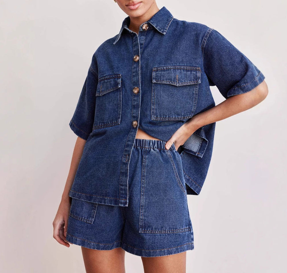 Retro Casual Loose Pockets Short Sleeved Shirt Shorts Denim Two Piece Sets