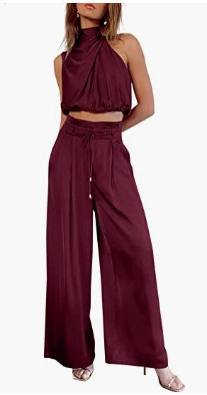 Women Casual Sleeveless Collar Two Piece Sets Wide Leg Pants Summer Cropped Top