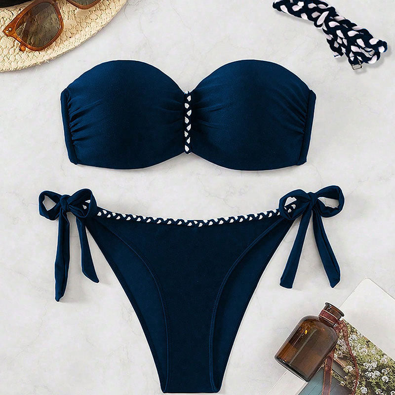 Solid Color Tube Top Sexy Swimsuit Women Sexy Lace up Bikini Beach Swimming Two Piece Sets