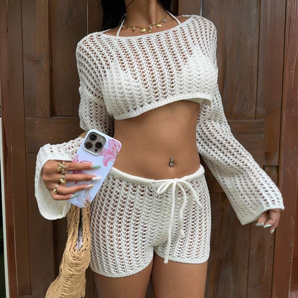 Solid Color Sexy Cutout Knitted Beach Bikini Swimsuit Blouse Sun Proof Set