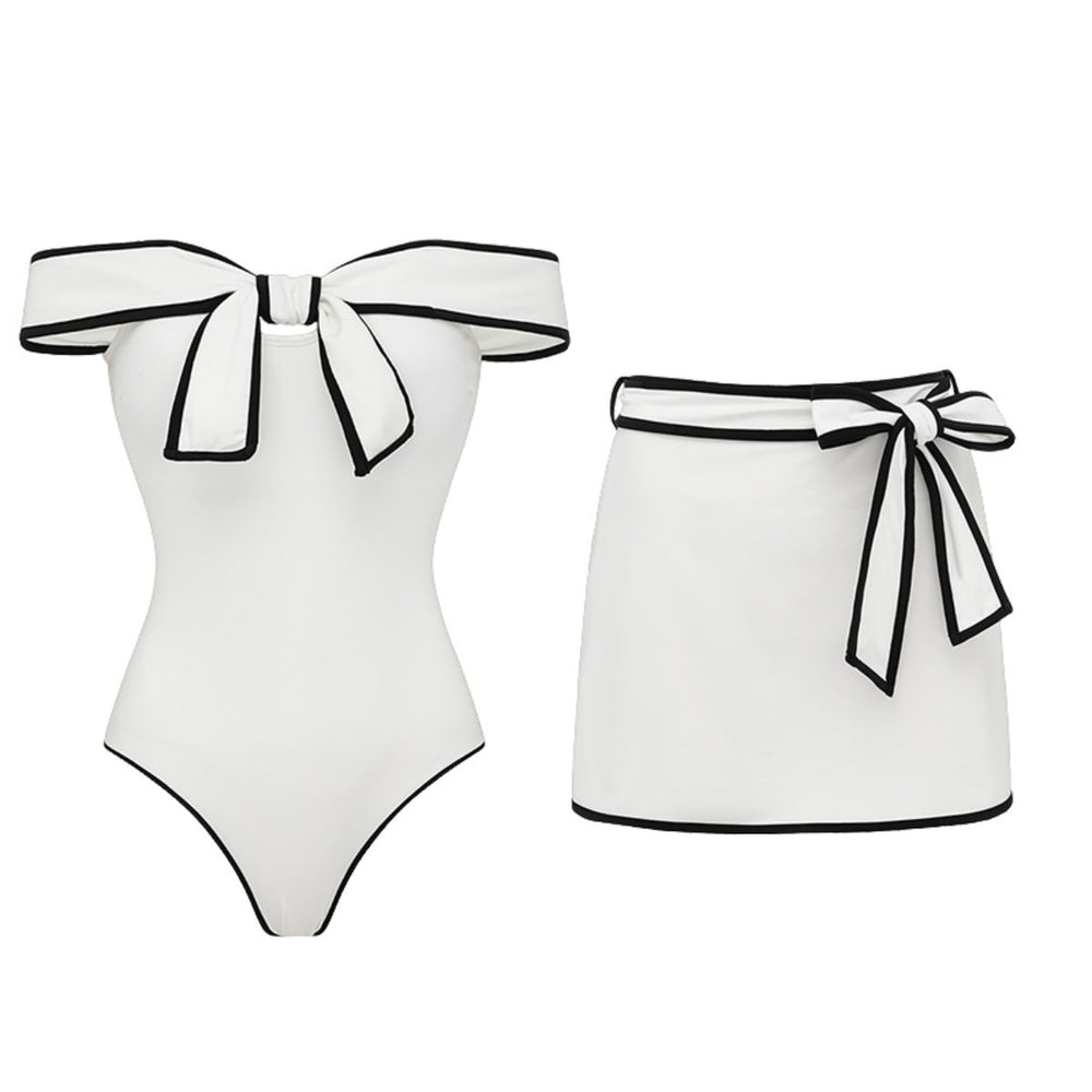 Swimsuit Black White Color Matching Sweet Girl Bow Swimsuit Women White Skirt