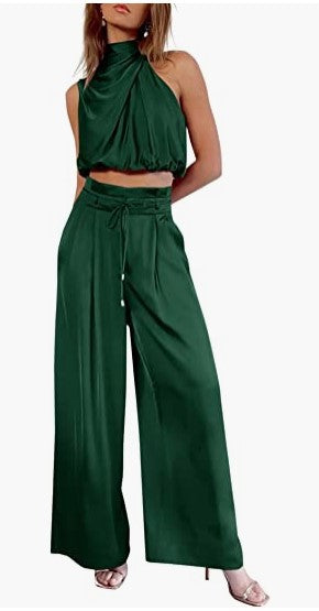 Women Casual Sleeveless Collar Two Piece Sets Wide Leg Pants Summer Cropped Top