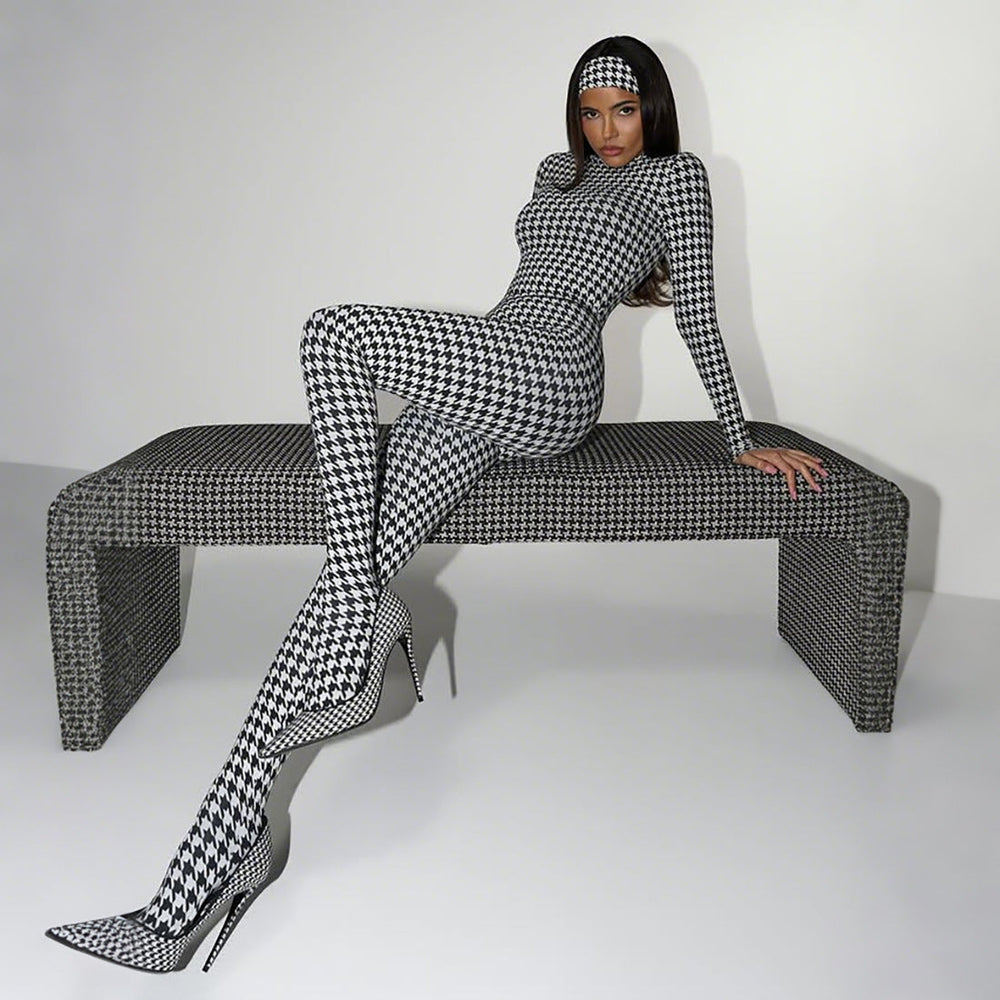 Autumn Winter Women Clothing Printed Turtleneck Long Sleeve Sexy High Waist Slim Fit Bodysuit
