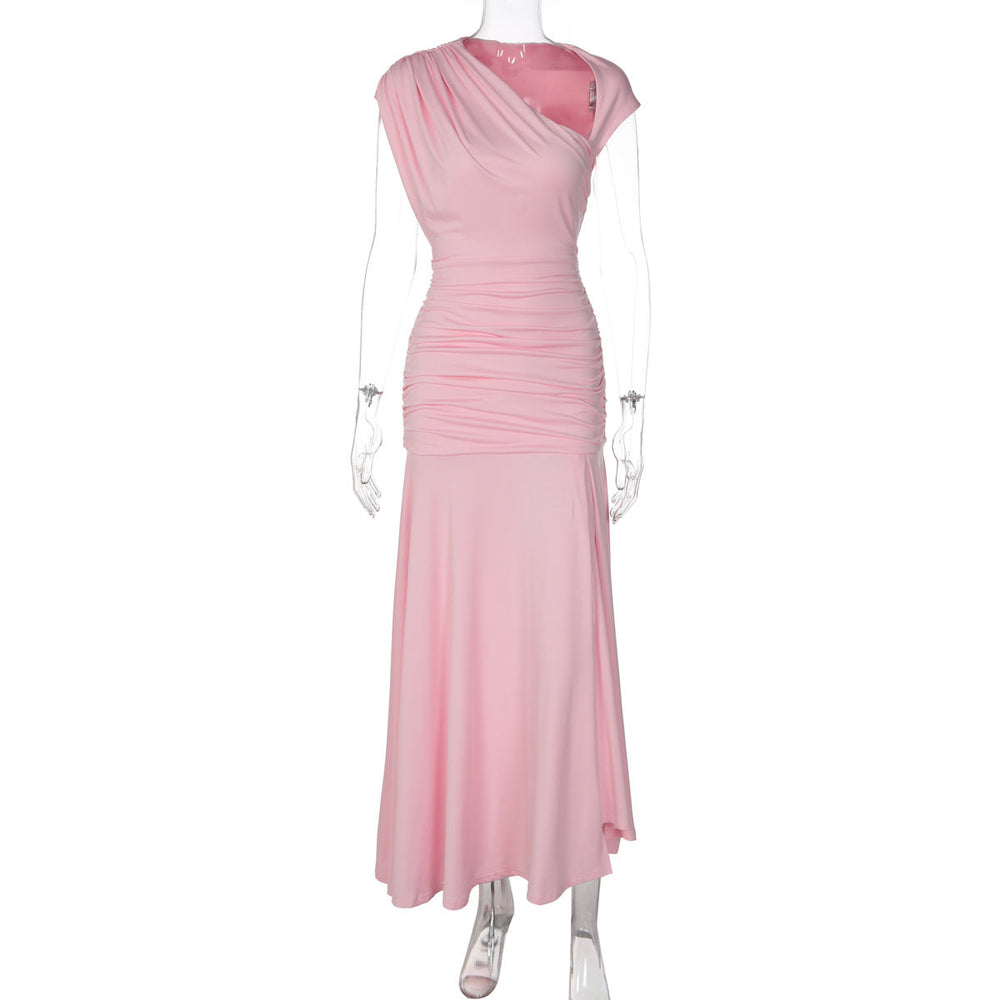 Women Clothing Summer Slim fit Sexy Cutout Fitted Waist Pleated Solid color Dress