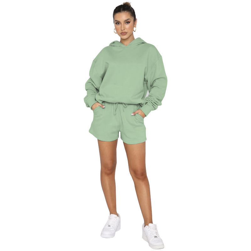 Autumn Winter Solid Color Pullover Hooded Long Sleeves Sweaters Women Clothing Casual Shorts Suit