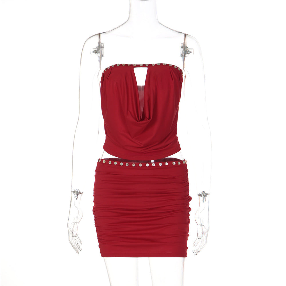 Women Clothing Winter Sexy Sleeveless Tube Top Fastener Decoration Pleated Slim Fit Skirt Two Piece Sets