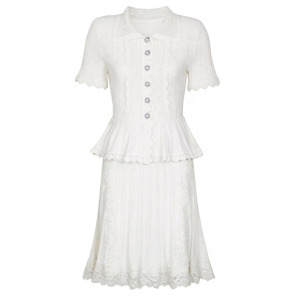 Summer Ladies Internet Popular Slim Fitting Slimming Pearl Buckle Faux Two Pieces Short Sleeve Dress