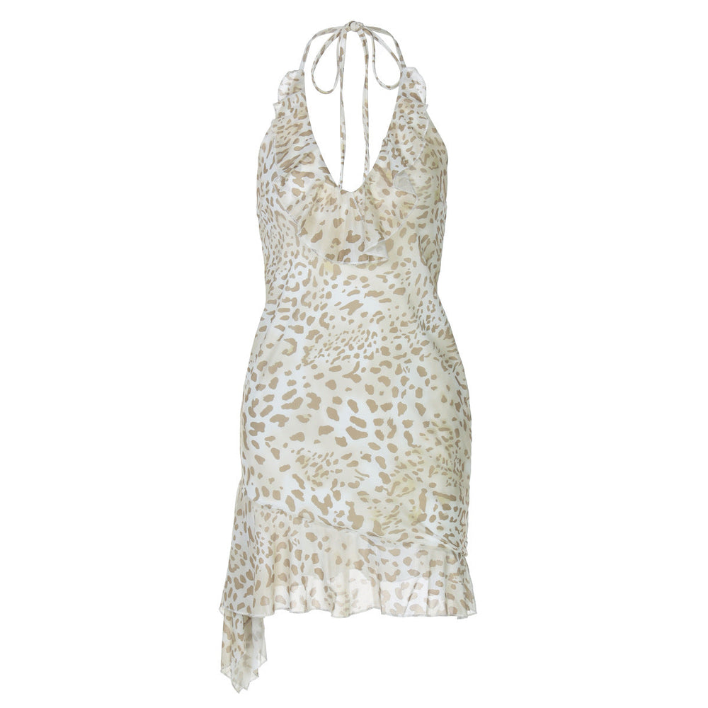 Summer Sexy Leopard Print Printed Sexy Deep V Plunge Sheath Wooden Ear Halter Dress Women