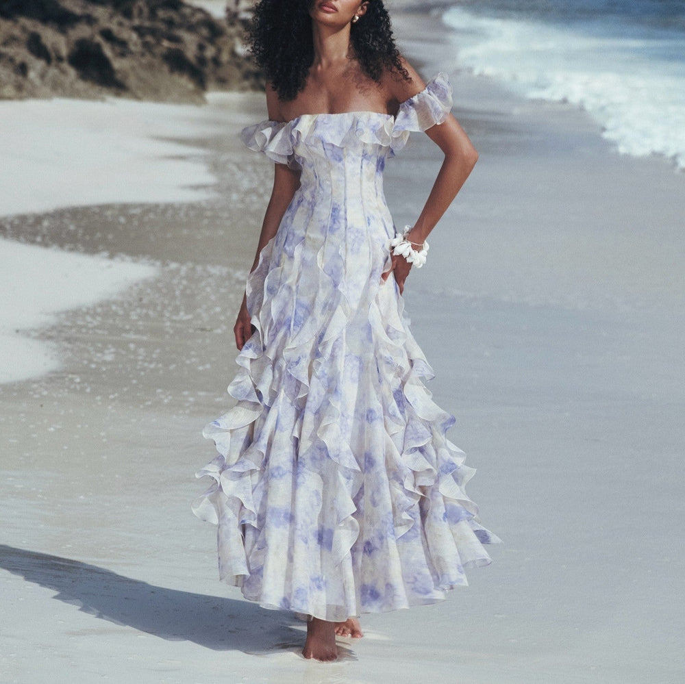 Seaside Vacation Cami Dress Yarn French Ruffled Beach Dress Atmosphere Maxi Dress Elegant