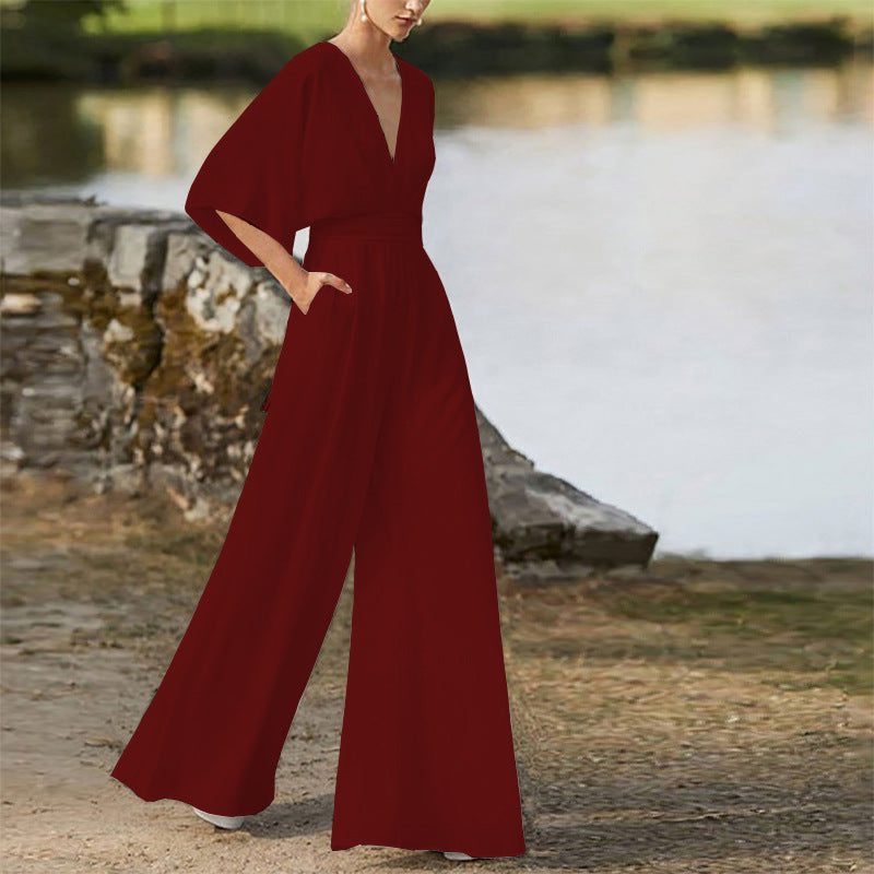 Winter Women Dress Jumpsuit Deep V Plunge High Waist Wide Leg Trousers
