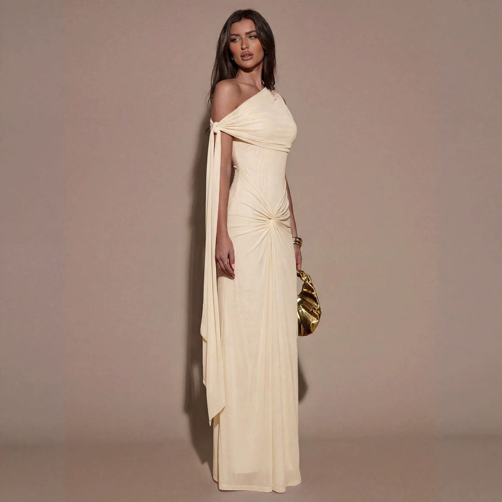 Women Clothing Oblique Shoulder Irregular Asymmetric Maxi Dress Pleated Slim Summer Dress for Women
