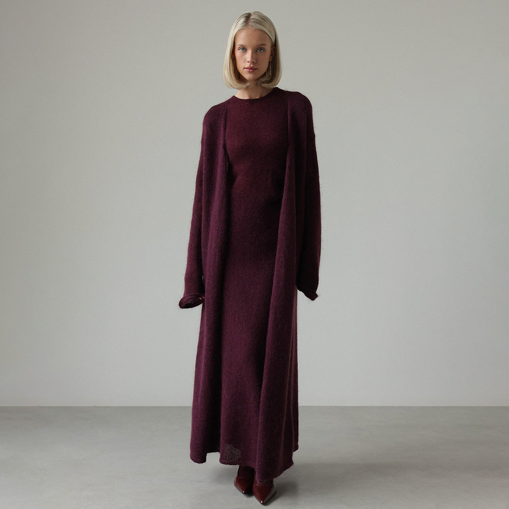 Women Autumn Knitted Cardigan Sleeveless Dress Two Piece Sets Women