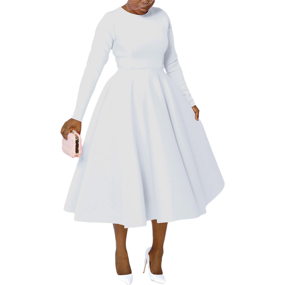 Women Clothing Solid Color round Neck Long Sleeve Flat Part of Knife Large Swing Dress