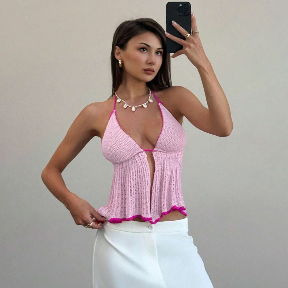 Sexy Hollow Out Cutout Backless Halter Sexy Casual Vacation Beach Swimsuit Sun Protection Top