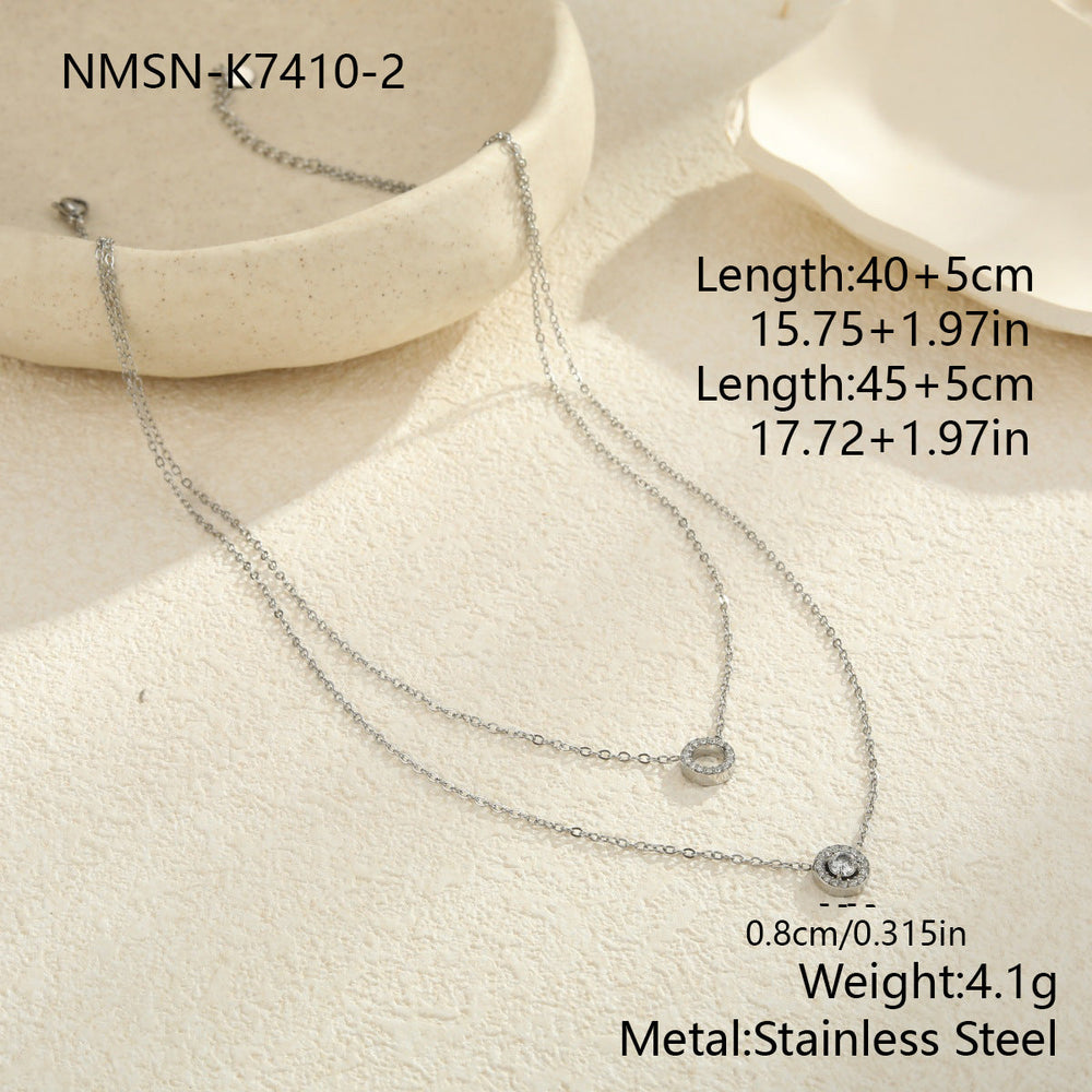 Minimal Art Double Layer Diamond Design Stainless Steel Necklace Women All Match Advanced Texture Necklace
