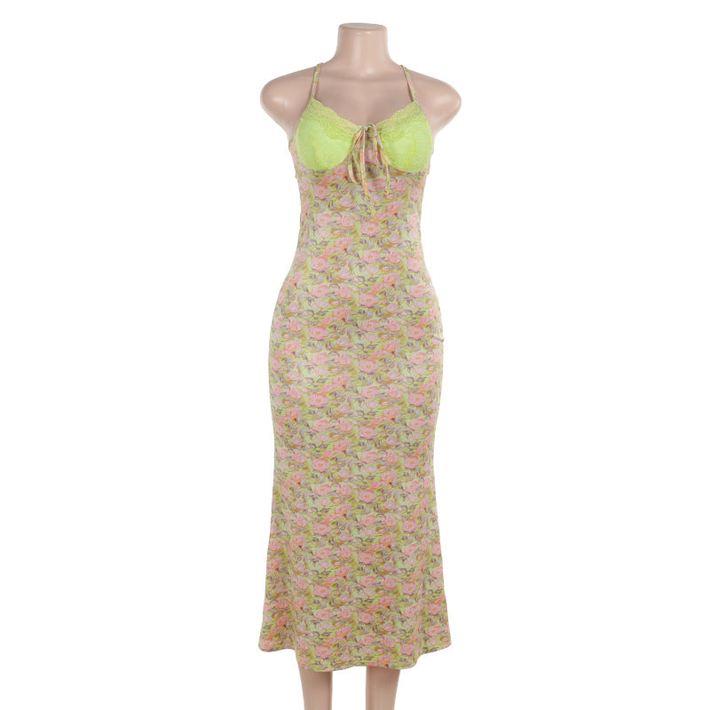 Summer Lace Stitching Printing Back Strap Dress Women