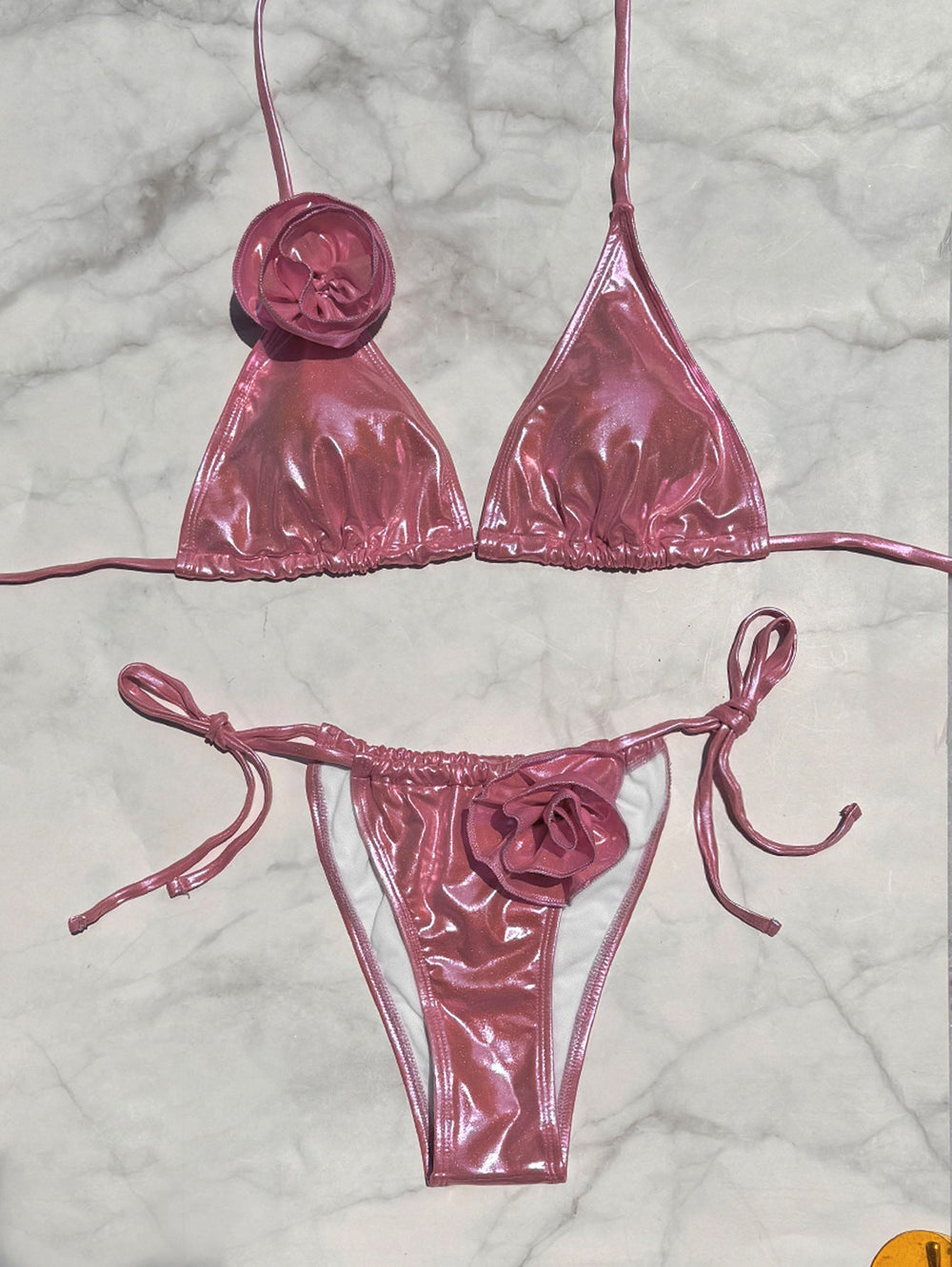 Bronzed Fabric Split Bikini Three Dimensional Floral Sexy Hanging Triangle Bag Swimsuit