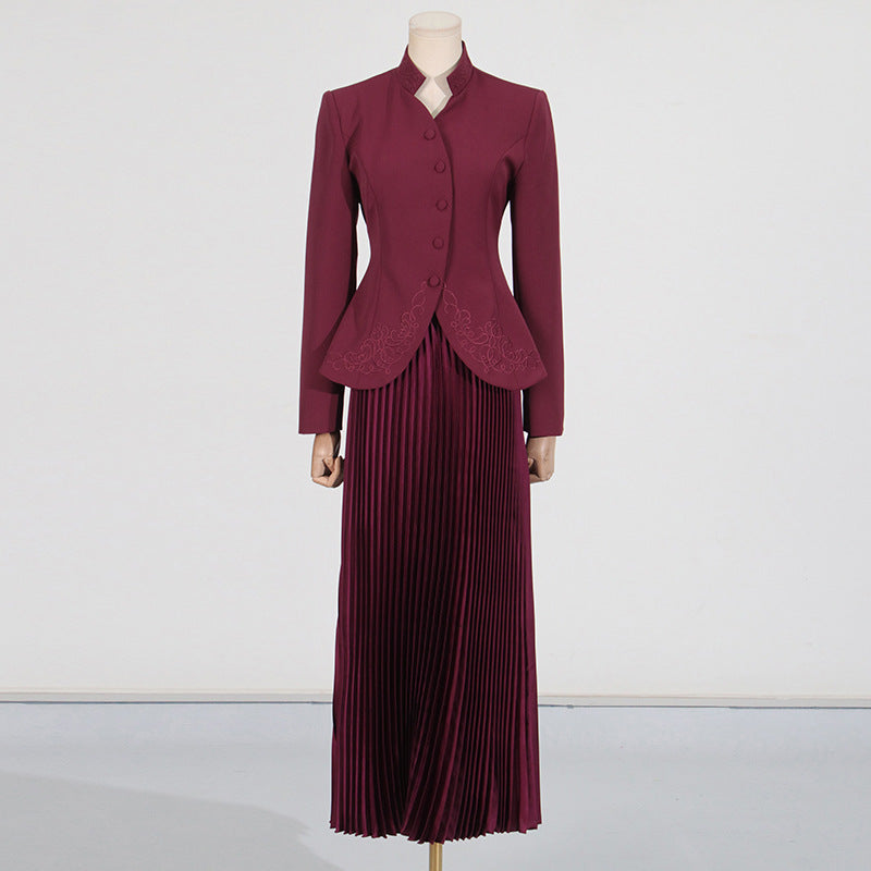 Fashionable Elegant High End Embroidered Stand Collar Single Breasted Top Pleated High Waist Skirt Sets