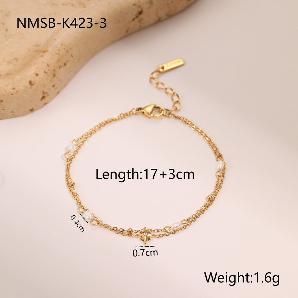 Double Layer Six Pointed Star Rhinestone Pearl Stainless Steel Necklace 18K Gold Plating Ornament