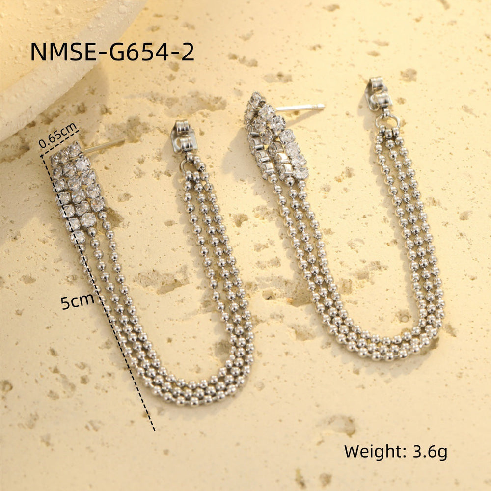 Niche High Grade Stainless Steel Earrings Zircon Tassel Temperamental Personality 18K Gold Titanium Steel Earrings