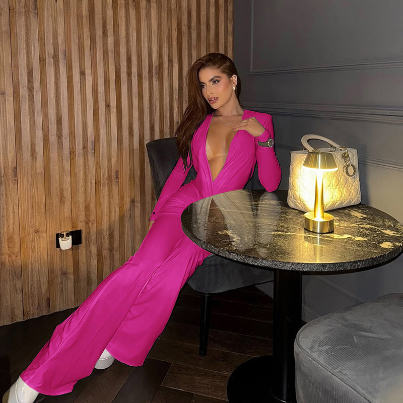 Fall Women Clothing Sexy Deep V Plunge Long Sleeved Slim Slimming Jumpsuit