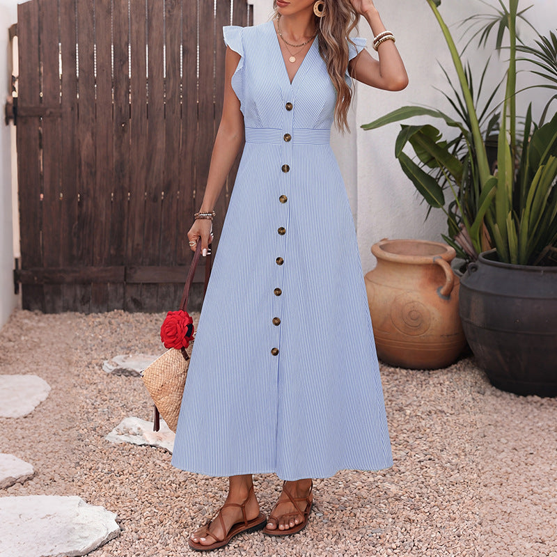 Long Shirt Dress Women Summer Blue Color Striped Flying Sleeve V neck Dress