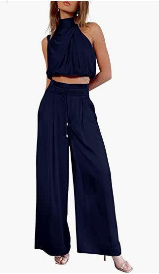 Women Casual Sleeveless Collar Two Piece Sets Wide Leg Pants Summer Cropped Top