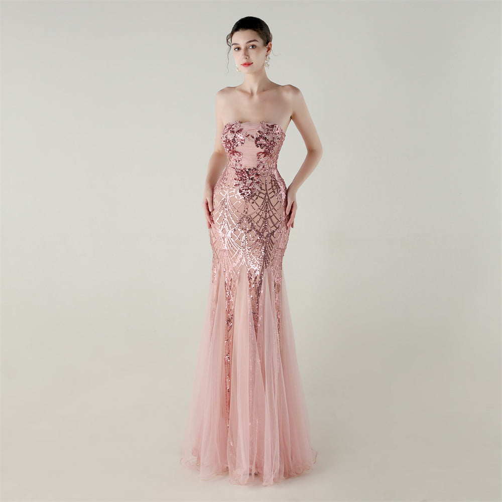 Tube Top Cross Strap Beaded Tube Floral Sequin Mesh Evening Dress Cocktail Wedding Social Elegant Clothing