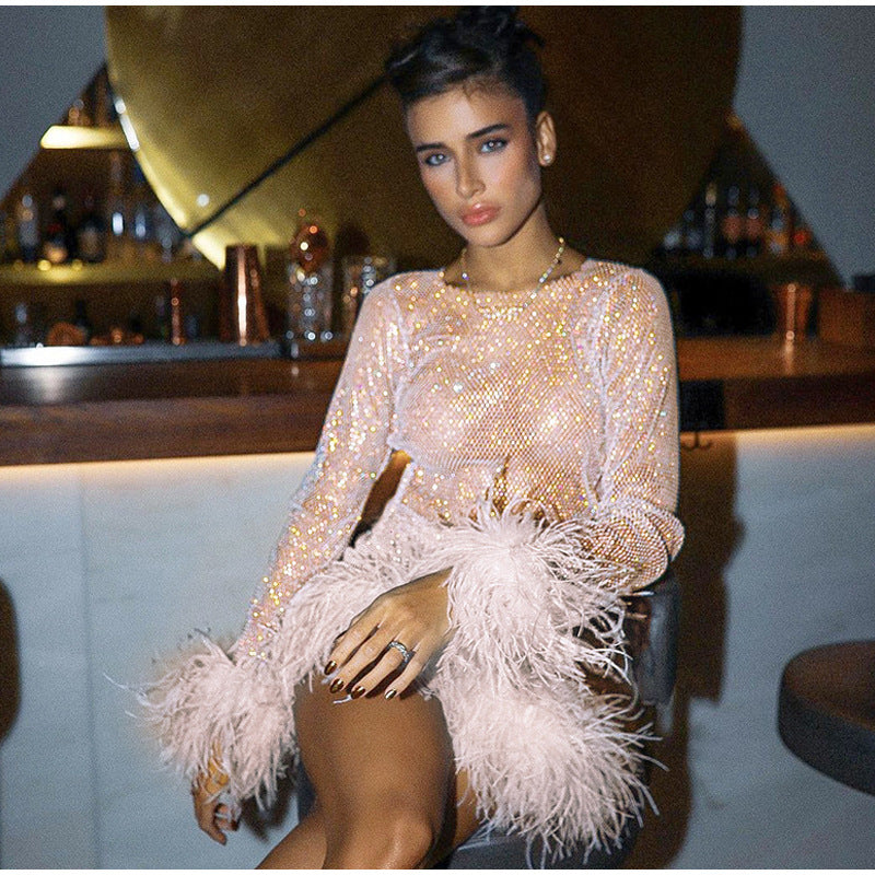 Fashionable Sequ Furry Skirt Set Women Sexy Nightclub Women round Neck Sexy Long Sleeve Short Dress