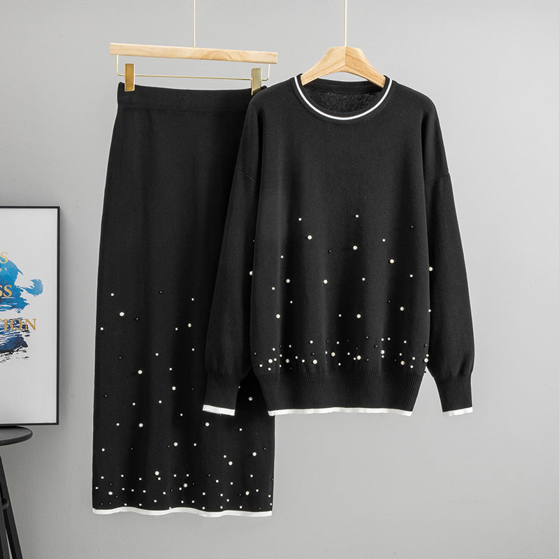 Fall Winter High Waist Loose Slimming Heavy Industry Beads Knitted Top Half Length Two Piece Sets