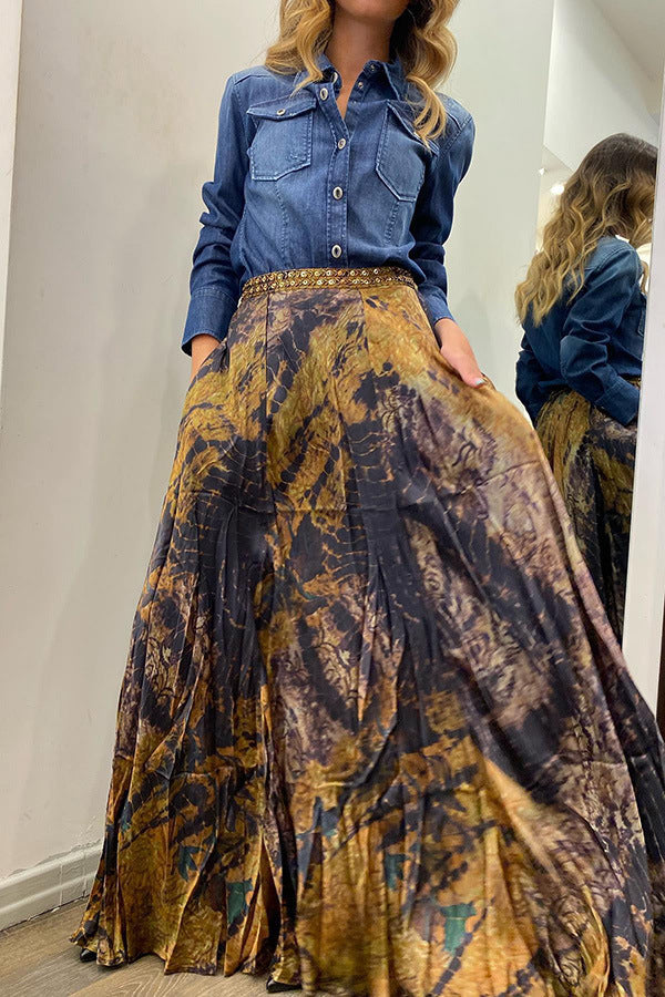 Women Autumn Retro Printed Elastic Waist Long Skirt