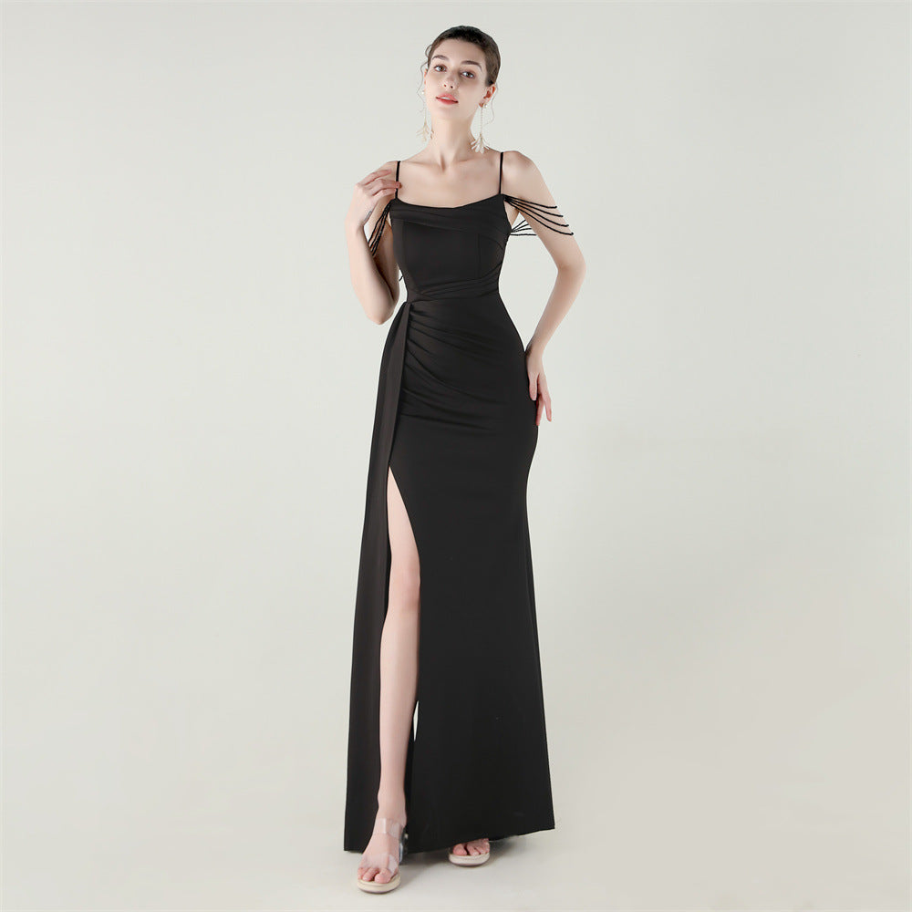 Bandeau Sling Satin Craft Beaded Chain Fishtail Evening Dress Dinner Wedding Ball
